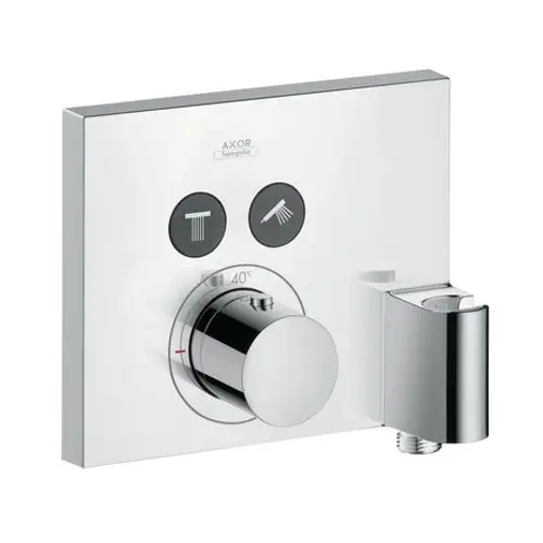 Thermostat von AXOR in glänzendem Chrom für die Wandmontage, mit einem Drehknopf zur Temperaturregelung und zwei Bedienelementen für Wasserquellen.